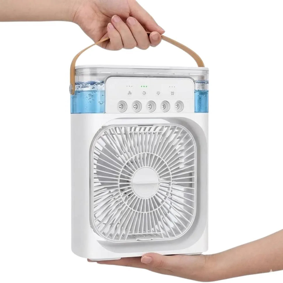 Portable fan held by a hand on a white background