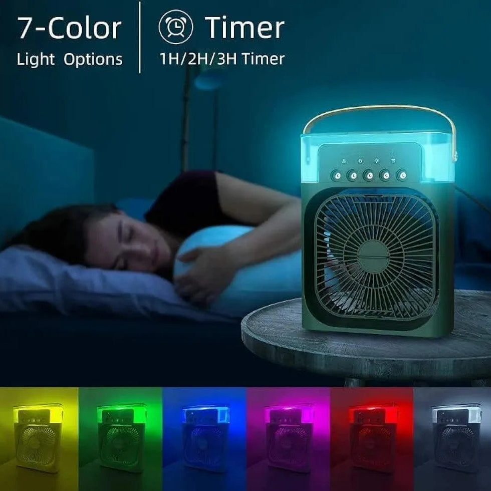 Portable fan with 7-color light options and timer features, shown in a bedroom setting.
